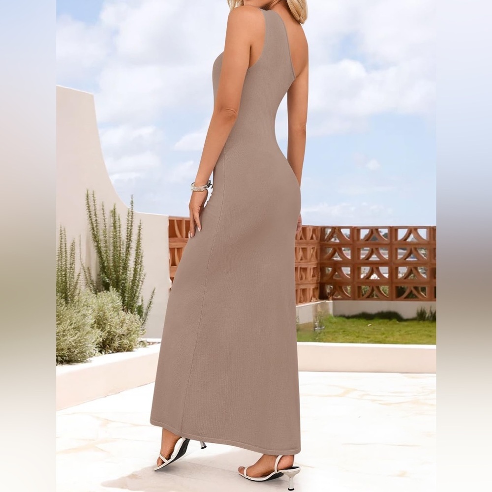 ZESICA Womens One Shoulder Maxi Dress Ribbed Knit Backless Tan Large New - Picture 4 of 9